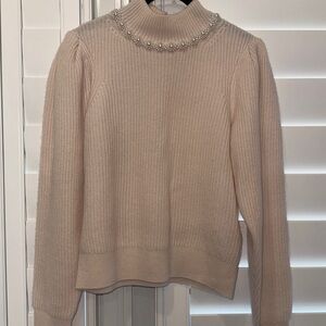 Sandro Wool Cream Sweater with Pearl Detailing